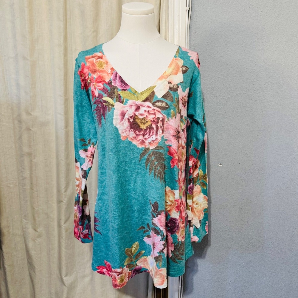 Soft Surroundings Floral Tunic M Turquoise V Neck Long Sleeve Top Women USA Made